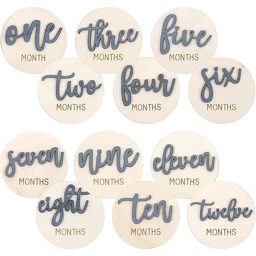 6 PCS Baby Monthly Milestone Cards, Double Sided Wooden 3D Milestone Cards Signs for Photos Announcement Sign 1-12 Months Photography Photo Newborn Keepsake Gift(Blue)