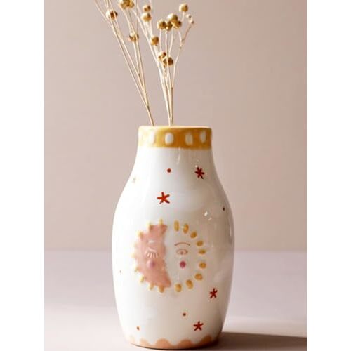 MOUGIGI Unique Ceramic Vase, Cute Boho Decor, Small Cream Vase for Dried Flowers or Single Bud - Sun and Moon Face Design