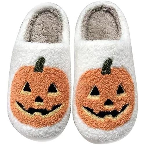 Halloween Pumpkin Slippers for Women Men Spooky Slides Soft Plush Fuzzy House Slippers Indoor Outdoor Shoes