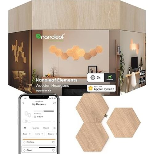 Nanoleaf Elements Wood Look Smart Wall Lights, Hexagon LED Wall Lights Work with Alexa Google Assistant, Home Wall Decor for Living Room with Music Sync, Ambient White 1500-4000K, Expansion 3 Panel