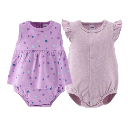 The Peanutshell Baby Rompers Set, Baby Girl Rompers for 6 Months, Lilac Stars Design, 2-Pack