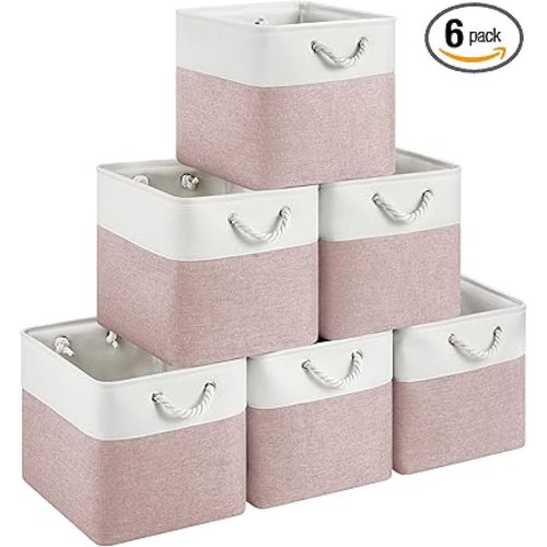 13x15x13 Storage Cube Bins, Heavy Duty Foldable Fabric Storage Bins with Handles and Metal Frame, 6 Pack Large Closet Organizer Bins for Clothes, Socks, Towels, White Pink