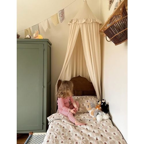Kids Bed Canopy with Frills Cotton Cover Net for Crib Reading Nook Curtain Hideaway Hanging Round Tent Nursery Bedding Play Room Decor