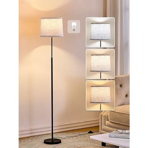 60" Modern Floor Lamp for Living Room Bedroom, Standing Lamp with Oatmeal Linen Lampshade, Tall Lamp with A19 9W 3 Color Temperature Bulb, Foot Switch Control, Black