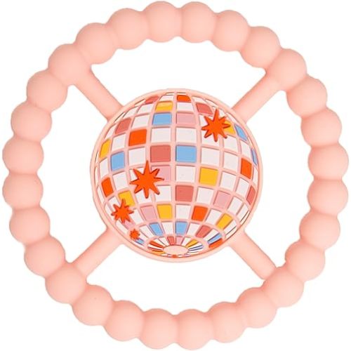 Pearhead Disco Ball Silicone Teether Ring, Soft Baby Toy for Sensory Development, Easy Grip Chew Aid, Dishwasher Safe BPA-Free Infant Soother, Refrigerator Safe Relief