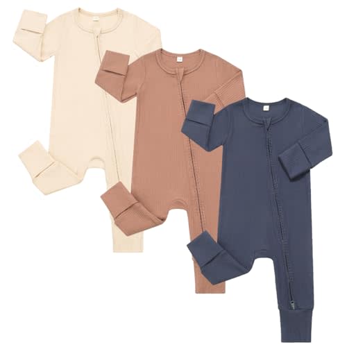 Bafeicao 3 Pack Baby Boy Girl Rompers with Mitten Cuffs | 2 Way Zipper Romper, Ribbed Cotton, Long Sleeve, Footless, Unisex, One Piece Jumpsuits Clothes
