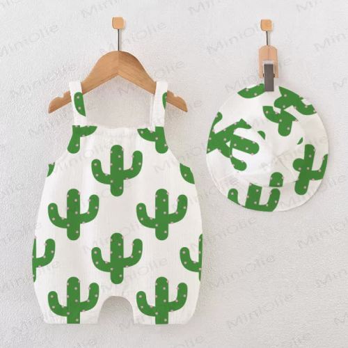 Baby Cactus Printed White Romper with Hat