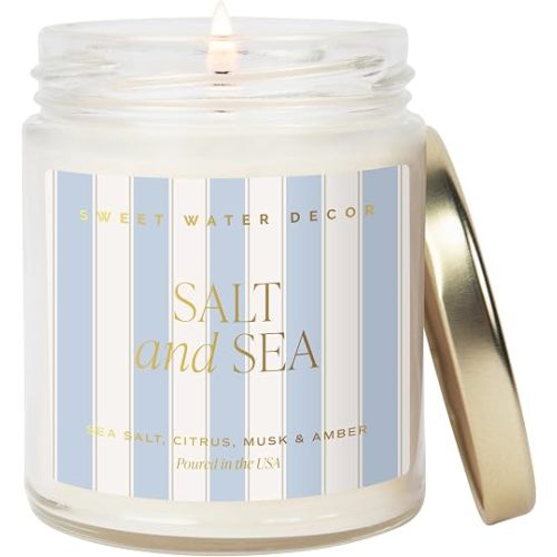 Sweet Water Decor Salt and Sea Patterned Candle – Soy Candles with Sea Salt, Citrus, Musk, Amber Aroma– 40 Hour Burn – 9oz Clear Glass Jar – Ocean Summer Candles for Home Decor