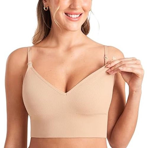 MOMANDA Ribbed Wireless Nursing Bras for Breastfeeding Longline Maternity Sleep Bra V Neck Comfort