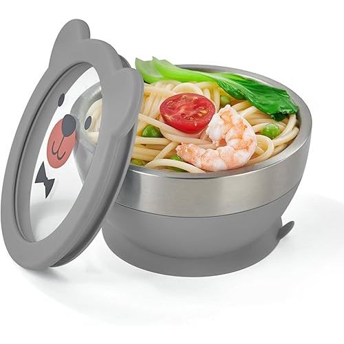 Suction Bowl and Spoon Set for Babies and Toddlers Non-Slip Silicone Suction Cups, Advanced 304 Stainless Steel Bowls, Double-Layer Insulation, and BPA-Free Lids Food-Grade Safety