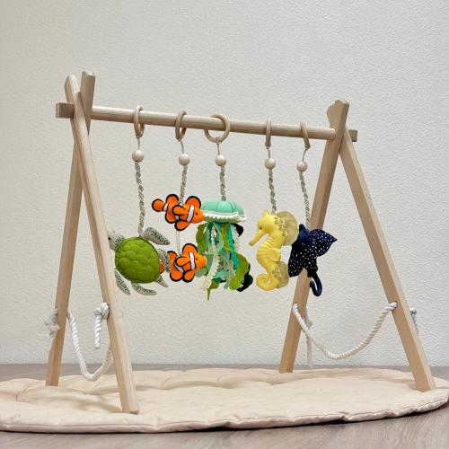 Baby Gym Set, Wooden Activity Center with Hanging Bar & Sensory Toys, Baby Gift, Foldable Play Gym, Baby Shower Gift, Nautical Theme