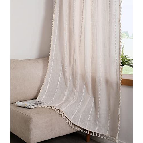 RoomTalks Boho Beige Curtains for Bedroom Living Room 84 Inch Length French Country Modern Farmhouse Cotton Window Curtain Panels Embroidery Striped Bohemian Tassel Draperies, 84’’L x 52’’W