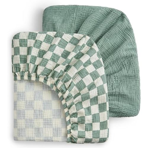 Blissful Diary Muslin Mini Crib Sheets, Pack and Play Mattress Sheets Fitted for Pack N Play, Soft Cotton for Boys Girls, 2 Pack(Sage Checkboard & Sage Green)