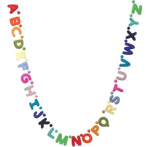 Glaciart One Alphabet Garland - Natural Handmade Wool ABC Letters & Balls - Decorative Wall Decor for Classroom, Playroom, Nursery, Baby, Toddler's Room - Ready-to-Hang Art - 7Ft., Rainbow-Colored