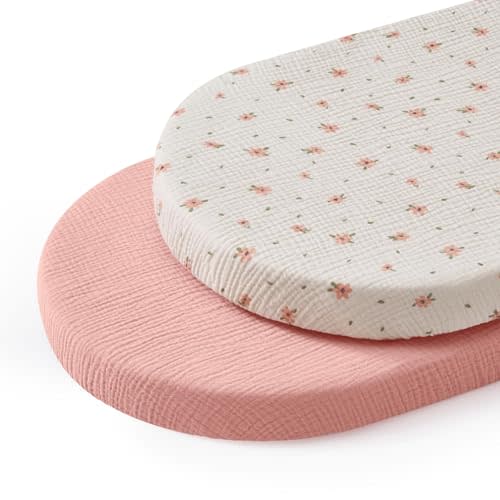 Blissful Diary Muslin Bassinet Sheets, 2 Pack, Pink Floral & Light Pink | fitted for bassinet mattress, soft and breathable cotton, boho style, easy care for machine wash, gift for boy and girl