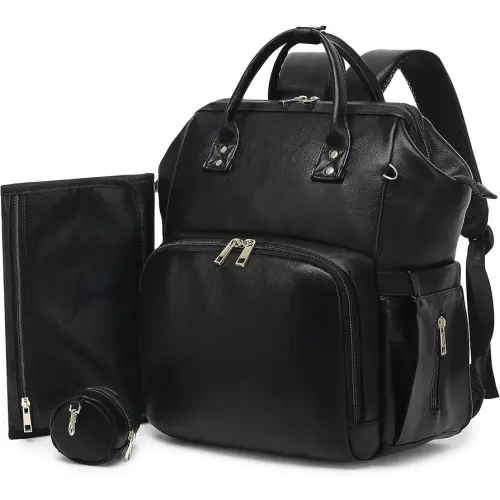 Premium Vegan Leather Diaper Bag Backpack with Waterproof Changing Pad – Reinforced Stitching & Zippers, Baby Bag for Boy Girl, Stroller Straps, Ergonomic Design for Traveling Moms, Black