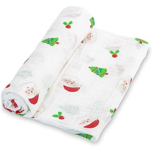 LollyBanks Muslin Swaddle Blankets, 100% Cotton Baby Blanket for Boys and Girls, 47 x 47 Inches Newborn Swaddle, Soft and Breathable Receiving Blankets, Baby Essentials, Registry (Santa Print)