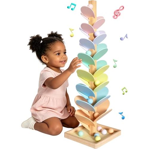 Gotoofun Wooden Marble Run Music Tree, Montessori Rainbow Singing Tree with 12 Extra-Large 3cm Balls, Color Sorting STEM Learning Toy, Wooden Ball Run Game Gift for Kids Ages 3+
