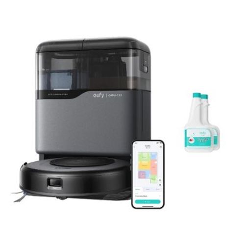 eufy Robot Vacuum C20 and Mop Combo, Self Emptying, Auto Mop Washing & Drying, 3.35" Ultra Slim, Transparent Tanks + Official Floor Cleaning Solution