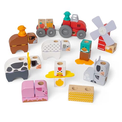 Melissa & Doug Blockables Farm and Farm Friends 2-Pack Bundle Connectable Wooden Building Blocks Preschool Play Set Toy