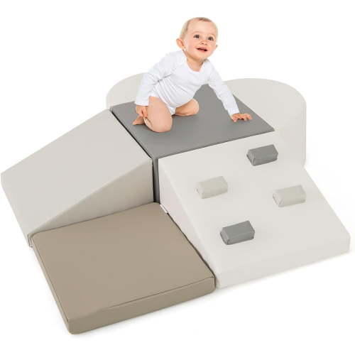 OLAKIDS Climbing Toys for Toddlers, 6 Pieces Baby Foam Blocks Soft Play Set with PU Leather, Indoor Kids Climb and Crawl Sliding Activity Structure Gym Playground Climber