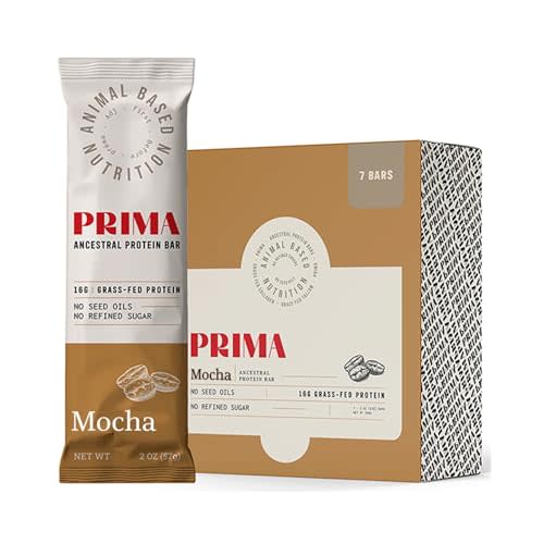 PRIMA ANCESTRAL PROTEIN BAR Grass Fed Protein Bars, 7 Pack  Animal-Based Protein Bar with Beef Tallow, Raw Honey, Seed Oil Free, Low Carb, Gluten-Free  Healthy, Energy Snacks for Clean Lifestyle (7 Pack, Mocha)