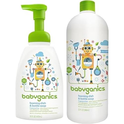 LuxProdX Baby ganic Foaming Dish & Bottle Soap 16 oz + 32 oz Refill – Plant-Based, Fragrance-Free, Baby-Safe Cleaning Kit