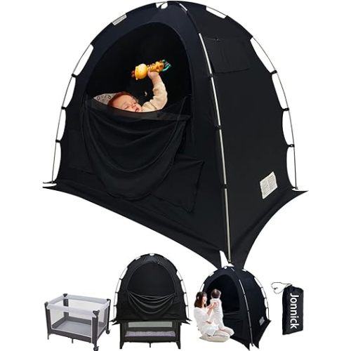 Crib Blackout Cover for Pack N Play, Jonnick Slumber Tent for Crib Canopy Cover, 85% Blackout Pod Tent for Travel Crib, Portable Stretchy Netting Cover for Infant with Monitor Pouch (Ultra)