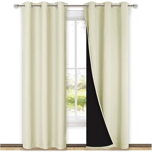 NICETOWN Living Room Completely Shaded Draperies, Privacy Protection & Noise Reducing Black Lined Insulated Window Treatment Curtain Panels for Patio Door (Beige, Set of 2, W42 x L84)