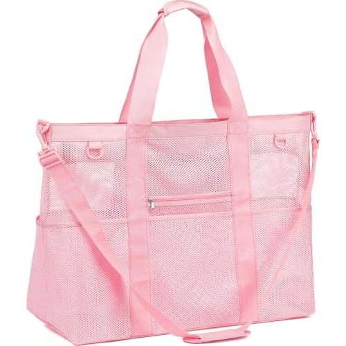 Mesh Beach Bag, Large Beach Tote with Zipper Pocket, Toys Pool Bag for Family Travel Vacation Cruise Essentials
