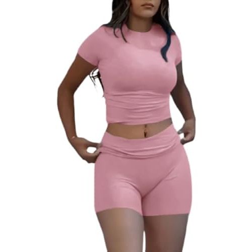 AYWA Women's Two Piece Sets Summer Slim Fitted Short Sleeve Tops Foldover Shorts Matching Lounge Sets