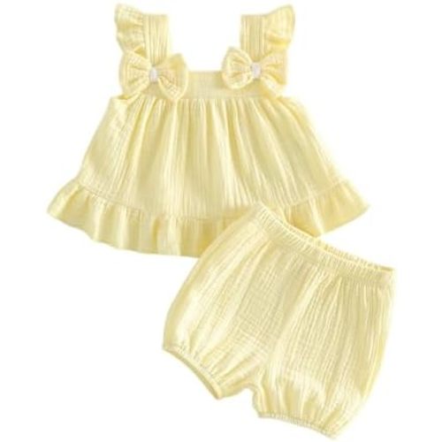 BeQeuewll Toddler Baby Girl Clothes Summer Linen Outfit Sleeveless Tie Up Tank Tops+Ruffled Shorts Little Girls 2 Pieces
