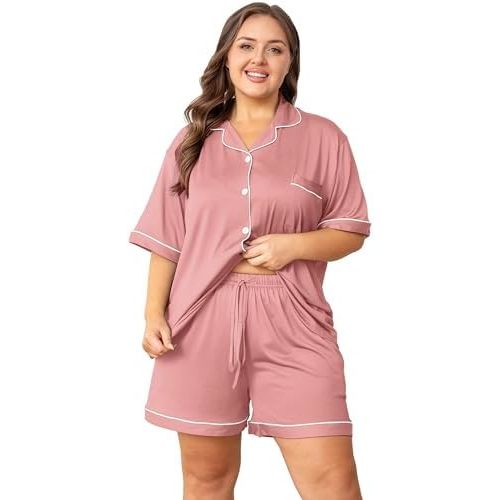 Vozanet Women's Plus Size Button Down Pajamas Soft Lounge Sets Shorts with Pockets Bride Nighty Solid Soft Pjs 1x to 5x