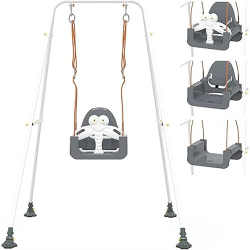 3-in-1 Toddler Swing Set, Baby Swing with Safety Belt, Indoor/Outdoor, Easy to Assemble Kids Swing Seat with Sturdy Metal Stand for Playground, Backyard and Nursery, Gray White