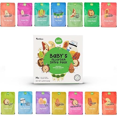 Nourishing Nippers Early Allergen Introduction - for Babies 4+ Months,14 Allergens in one pack, Including Peanut, Egg & Milk | Mix with Baby Food & Purees. 6 Month Supply