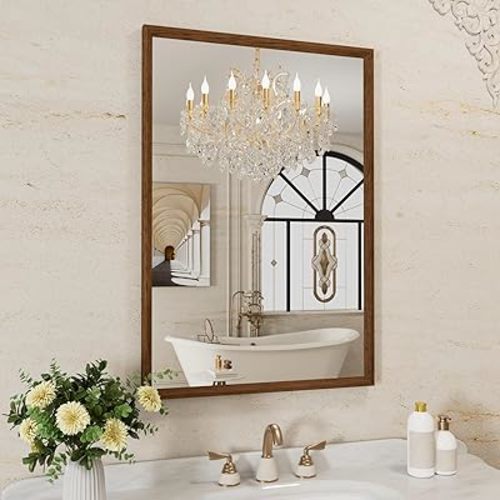 WEER Walnut Bathroom Mirror 24x36 Inch, Walnut Wood Grain Framed Mirror, Rectangle Wall Mounted Bathroom Vanity Mirror with Tempered Glass, Hangs Vertically or Horizontally, Anti-Rust