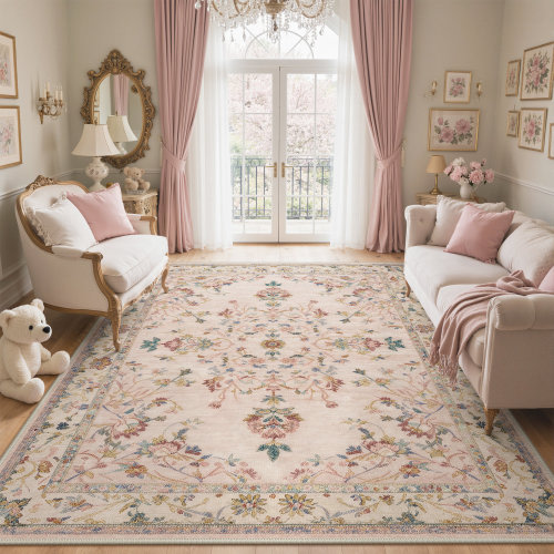 Bungalow Rose Abadou Vintage Floral Dusty Pink Machine Washable Area Rug with Non-Slip Backing & Reviews | Wayfair