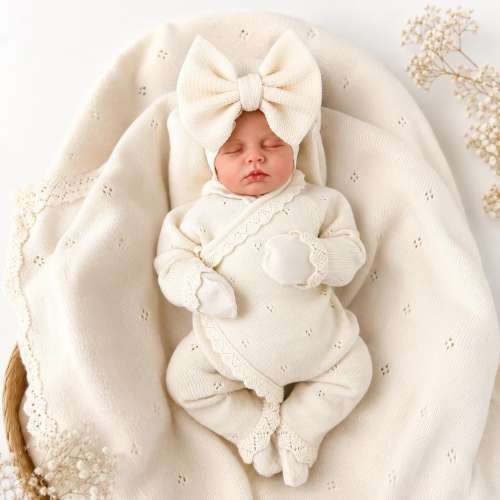 Ivory Baby Girl Coming Home Outfit, Organic Cotton Knit Baby Clothes, Newborn Hospital.Gift
