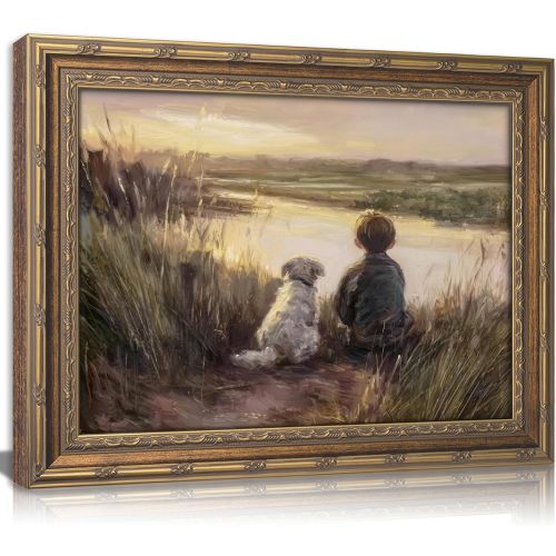 Gold Vintage Framed Wall Art Boy Fishing Wall Decor Painting, fall wall art Dog and Boy Landscape Canvas Retro Country Farmhouse Prints Artwork kids wall art for Bedroom Living Room 9x11inch