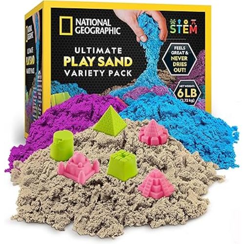 National Geographic 6 Lb. Moon Sand Combo Pack - 2 Lbs. Each of Blue, Purple and Natural Play Sand with Castle Molds - A Fun No Mess Sensory Activity (Amazon Exclusive)