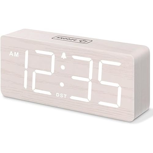 DreamSky Wooden Digital Alarm Clock for Bedroom - Desk Clock for Living Room with Large Numbers, Dimmer, Loud Alarm for Heavy Sleepers with Volume Control, DST, Office Wood Decor (Adapter Powered)