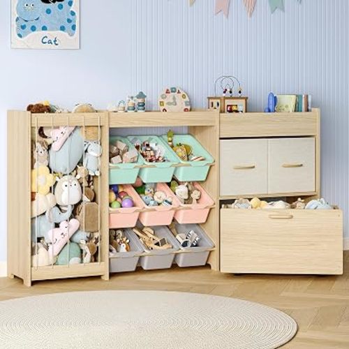 EXPERLAM 5-in-1 Toy Organizer, Plush Holder, 9 Multi-Color Bins, Toy Chest