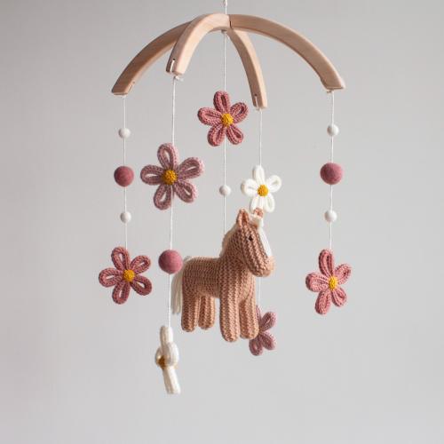 Floral horse baby mobile - Knitted Boho Farm nursery decor with Pony & Wildflowers