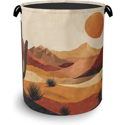 Mountains Sun Laundry Basket,Cactus Desert Oxford Cloth Laundry Hamper with Handle Foldable Portable Clothes Storage Basket for Bathroom Bedroom Dorm Room 16" x 20.8"