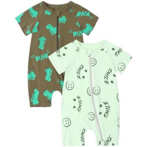 MYGBCPJS Baby Boys Girls Cotton Jumpsuit Short Sleeve Pajamas Infant Graphic Zipper Romper Summer Outfits