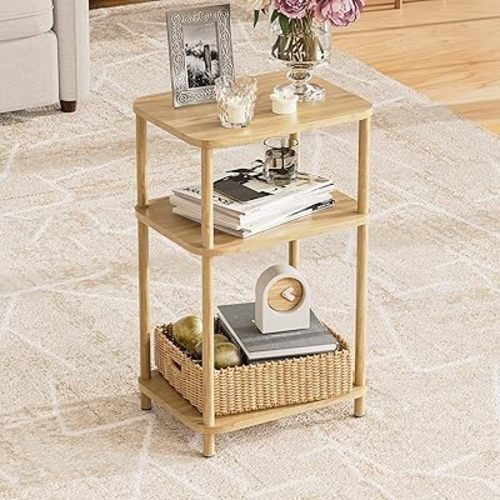 Bamboo End Table, Side Table for Small Space with Storage Shelf, Small Table Stand, Narrow Wooden Bedside Table Nightstand, Toolless Assembly, for Nursery, Living Room, Bedroom, Natural