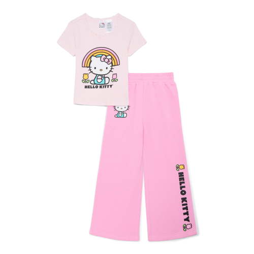 Hello Kitty Girls Graphic T-Shirt and Wide Leg Fleece Pant Outfit Set, 2-Piece, Sizes 4-16
