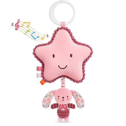 TSYAN Musical Star Stroller Toy with Hanging Bunny Plush | Pull the bunny to play soothing music. Soft pink sensory toy with C-clip for cribs, car seats, and strollers.