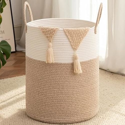 OIAHOMY Large Laundry Basket Hamper - 80L Cotton Rope Woven Basket for Blankets, Toys, Clothes - Tall Decorative Nursery Hamper with Long Handles, Brown/White