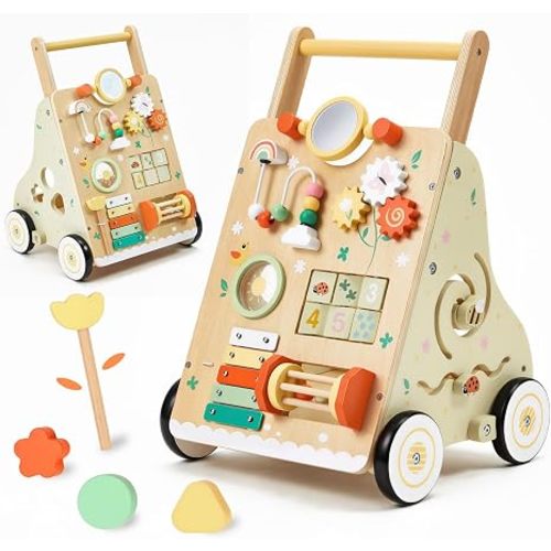 Wooden Baby Push Walker for 1 Year Old, Montessori Wood Walking Toy